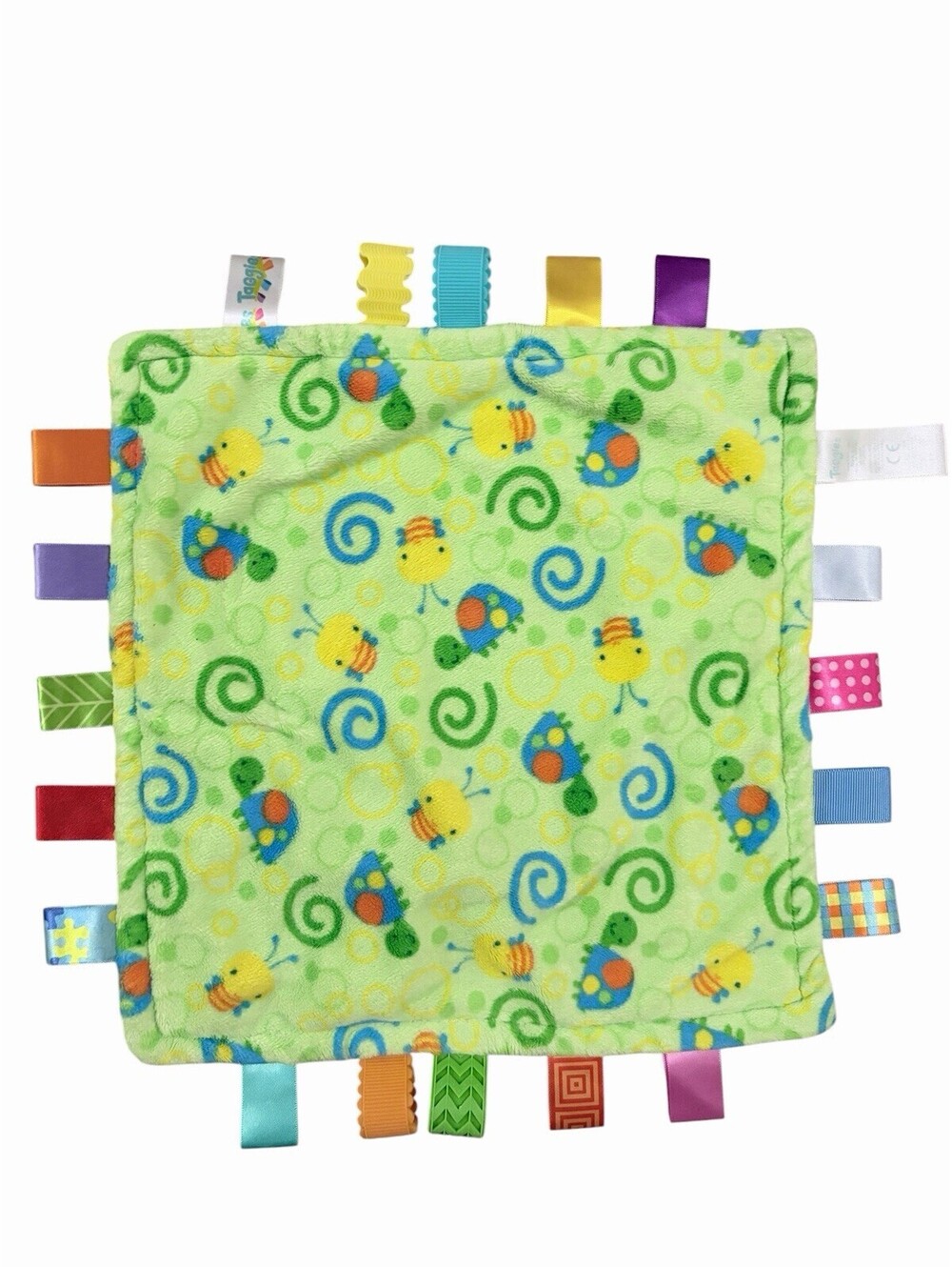 Taggies Lovey Security Blanket Green Yellow TURTLES Bees Ribbons Rubber Teether